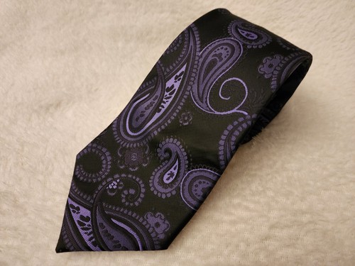 HISDERN (Black & Purple) Designer Paisley Pattern Necktie - 100% Silk - Picture 2 of 4