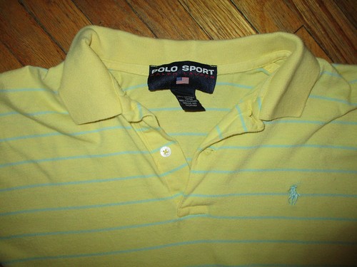 vtg RALPH LAUREN POLO SPORT SHIRT Yellow Light Blue Stripes 80s 90s Medium/Small - Picture 2 of 3