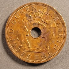 1961 Rhodesia and Nyasaland 1 Penny - Elephants - Queen Elizabeth II - Bronze