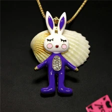New Purple Lovely Enamel Rabbit Crystal Fashion Women Pendant Sweater Necklace