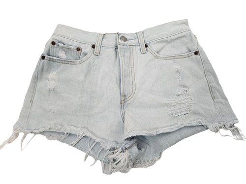 Pantaloncini jeans Levi's lavati con acido vita alta bottoni mosca orlo grezzo taglia 27 donna - Foto 14 di 14