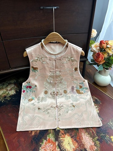 Chaleco bordado para mujer Chino Tang Cardigan cuello redondo mancha chaleco chalecos - Imagen 9 de 18