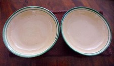 BOWLS -Handcrafted Pottery - Qty 2-Tan, Green Trim, Drip Glaze 8" W. Unmarked