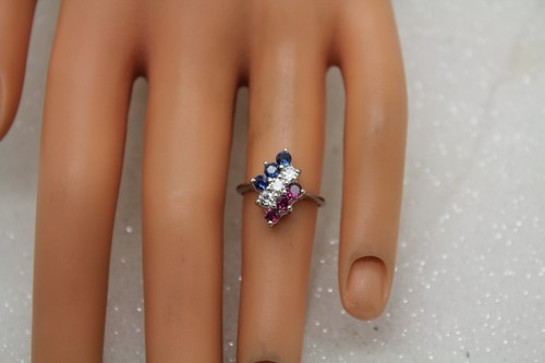 Signed 14k White Gold RED & BLUE TOPAZ .30ctw DIAMOND 3 ROW DESIGN Ring Size 4.5 - Picture 7 of 15