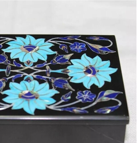 6"x4"x2" Black Marble Storage Jewelry Box Multi Stone Floral Pattern Gift Decors - Picture 2 of 9