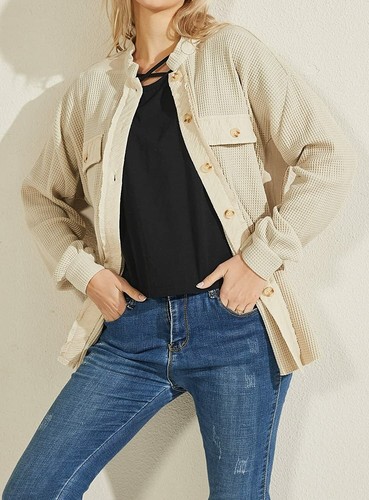 Women's Banded Collar Baggy Loose Fit Mid-Wgt Frayed Waffle Knit Shacket Shirt - Imagen 4 de 44