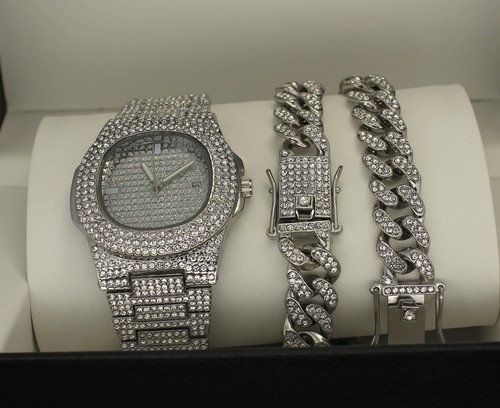 3pc Set Silver Plated Miami Cuban Link Cubic Zirconia Chain Bracelet Watch - Picture 8 of 8