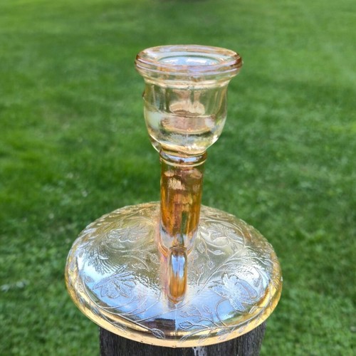 Vintage Amber Marigold glass Iridescent Double Candlestick Holder floral Etched - Picture 5 of 8