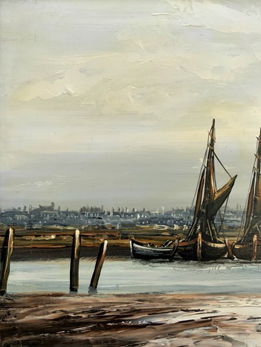 Maravillosa pintura al óleo y masa de paisaje fluvial de estuario industrial de E. Elliot - Imagen 8 de 12