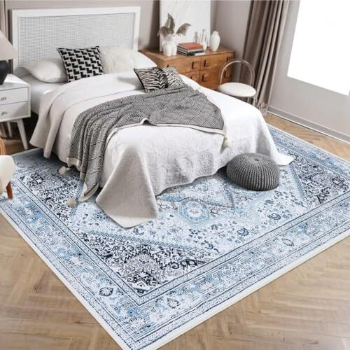 Area Rug 4x6 Vintage Rug Indoor Floor Print Distressed Carpet 4'x6' Light Blue - Picture 3 of 8