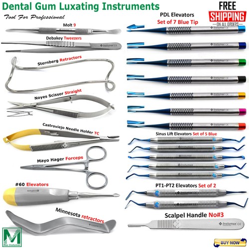 Dental Tooth Extraction Instruments Elevators Root Tip Gum Tissue Extracting Kit - Picture 1 of 14