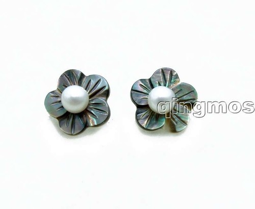 Pendiente de perlas blancas naturales de 4-5 mm para mujer y concha de fleureta plateado S925 Stud 208 - Imagen 2 de 7