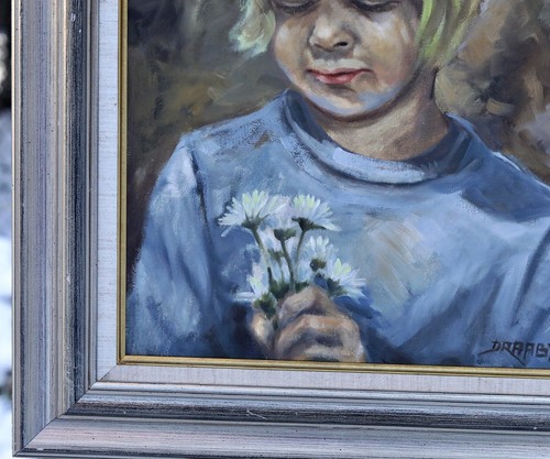 Portrait of a girl with flowers, beautiful oil on canvas painting signed Draabye - Picture 3 of 5