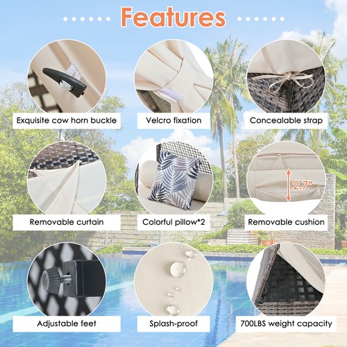 90.5" Outdoor Sunbed w/Pillows, Wicker Patio Daybed With Cushions, Tent Shape - Picture 25 of 35