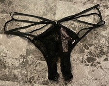 NWT VICTORIA'S SECRET BLACK LACE STRAPPY GOLD RING CROTCHLESS CHEEKY PANTIES
