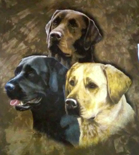 VTG T-Shirt by THE MOUNTAIN: 3 Lab Retriever Dogs on Brown Camoflauge Sz M. NWOT