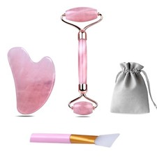 4 in 1 Facial Rose Quartz Roller and Gua Sha Tool Set Massage w/Silicone Brush