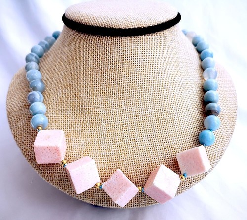 10mm round blue agtate square pink coral necklace 20" jewelry marking supply - Imagen 5 de 6