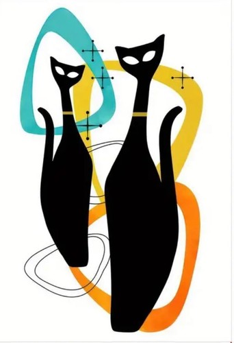 Mid Century Modern Atomic Era Black Cats FRAMED Print on Canvas - Picture 8 of 9