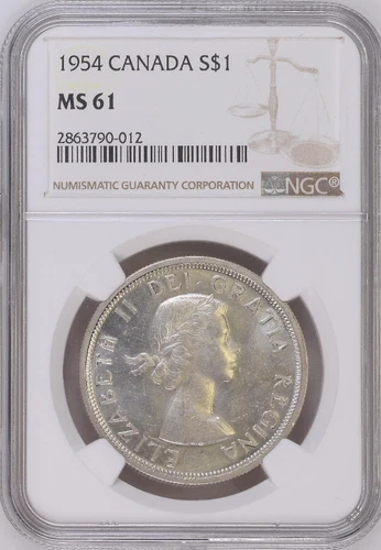 :1954 S1$ DOLLAR ELIZABETH-II CANADA KM#54 NGC MS-61 LOW-POP R-5 HIGHEST-GRADES