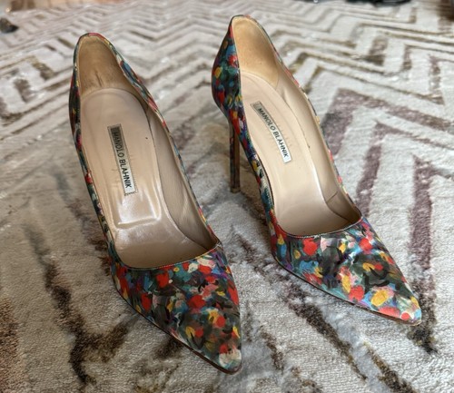 Manolo Blahnik Blue Orange Floral Print Silk Pointy High Heel Pumps Size 40 - Picture 9 of 11
