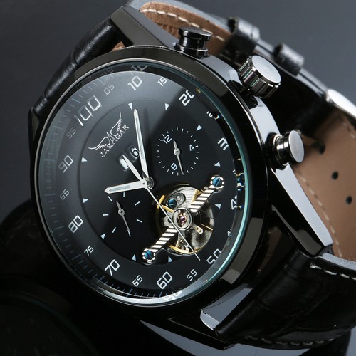 Reloj mecánico de cuero negro de cuerda automática Tourbillion pantalla analógica de fecha - Imagen 8 de 11
