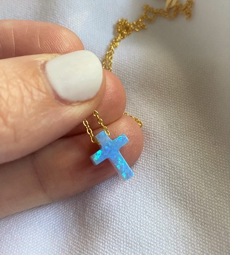 Opal Cross Necklace for Women Girl Daughter, White Blue, Silver, Gold, Rose Gold - Picture 7 of 10