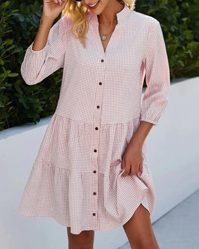Vestido para mujer de verano manga cinco cuartos a cuadros cuello alto camisa vestido - Imagen 8 de 8