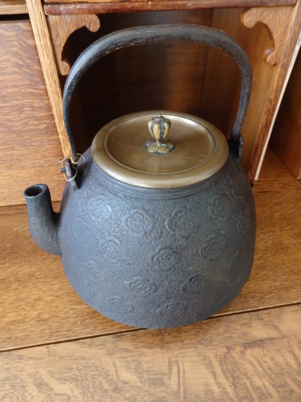 Antique Cherry Blossom Tetsubin (Cast Iron Japanese Teapot) with Brass