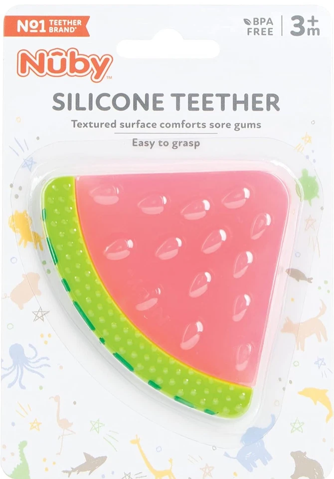 Nuby 100% Silicone Watermelon Fruit Teether Baby Teething Mittens, Pacifier Clip - Image 2 of 4