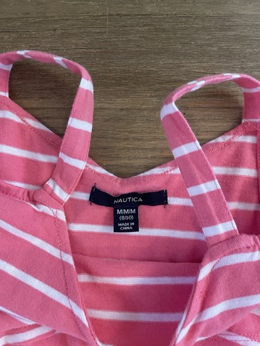 NAUTICA Girls Size 8/10 M Medium Dress Coral White Striped Summer Beach EUC - Picture 6 of 11