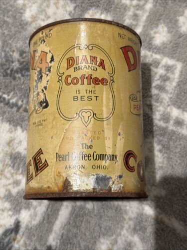 Antike frühe Blechdose Litho Diana 1 Pfund Kaffeedose Perle Kaffee Akron OH Hebeldeckel 5,75 - Bild 4 von 13