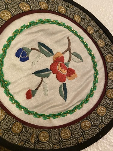 Antique Asian Embroidered Silk & Cotton Chinese Art textile Vtg Floral Flower - Picture 7 of 9