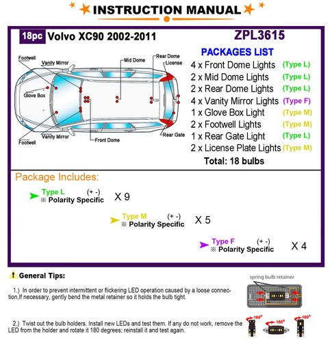 LED Interior Light Kit + License Plate Light Bulbs for Volvo XC90 2002-2011 - Picture 2 of 9