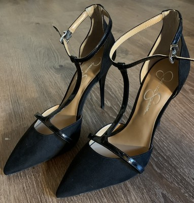 #ad Jessica Simpson Pump Women#x27;s Size 10 Pointed Toe Pump Strappy Black Heels 6inch $39.99