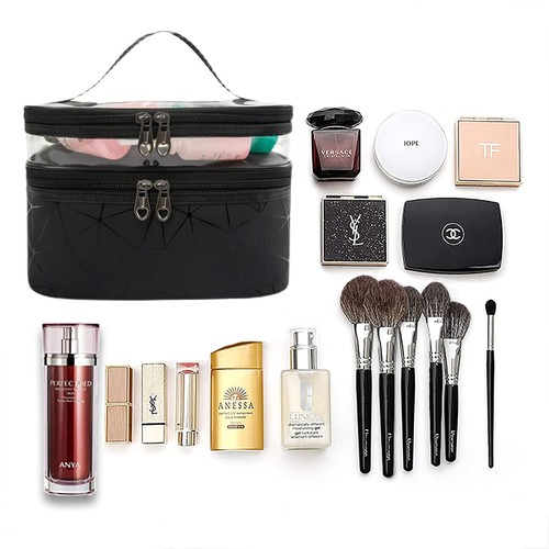 Makeup Bag Cosmetic Bag Double Layer Travel Makeup Organizer Bag For Women,Black - Picture 6 of 9