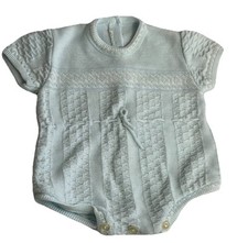 Vintage Baby Boy Dressy One Piece Romper Light Blue White Knit 6-12 Month