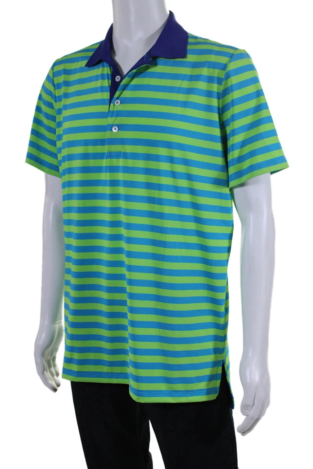 Camisa Polo RLX Ralph Lauren Para Hombres Verde Azul Cuello a Rayas Manga Corta Talla XL Foto 2 de 4