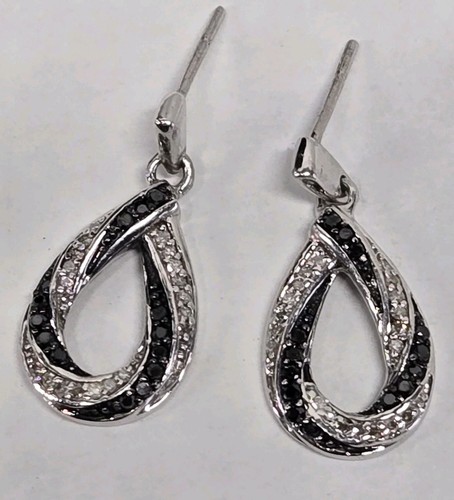 925 Sterling Silver Genuine Round~Cut Black & White Diamond Dangle Earrings - Foto 3 di 7