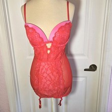 Victoria  s Secret Red And Pink Lace Mesh Garter Corset Bustier Size 36D Lingerie