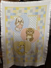 Vintage Riegel White Baby Crib Blanket Polyester/Nylon Satin Trim Puppy,Bear,Cat