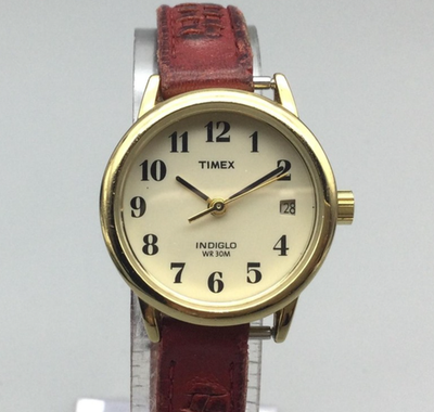 Timex Indiglo Watch Gold Tone 25mm Date Red Leather Strap WR  display picture 3