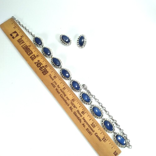 Set 3 pezzi collana e orecchini clip Coro 16" thermoset blu tono argento firmati - Foto 6 di 10