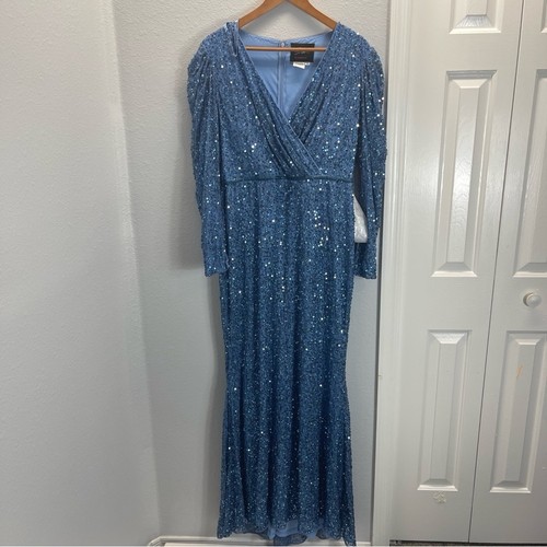 Mac Duggal Puff Shoulder Sequined Surplice Gown Maxi Dress French Blue FLAWED - Picture 2 of 17