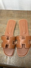 Hermes Brown Leather Slide Sandals Women’s Logo Stitched Luxury Casual