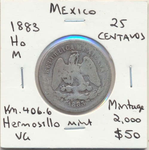Mexico: 1883 HoM Silver 25 Centavos KM-406.6 Rare Date Mintage 2,000 only