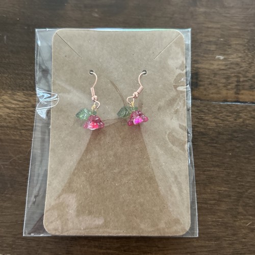 Glass Dark Pink Lilly Dangle Earrings Copper Earwires - Picture 4 of 4