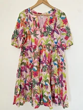 Crown & Ivy Womens L Colorful Pink Tiered Dress Puff Sleeve Tropical Floral Bird