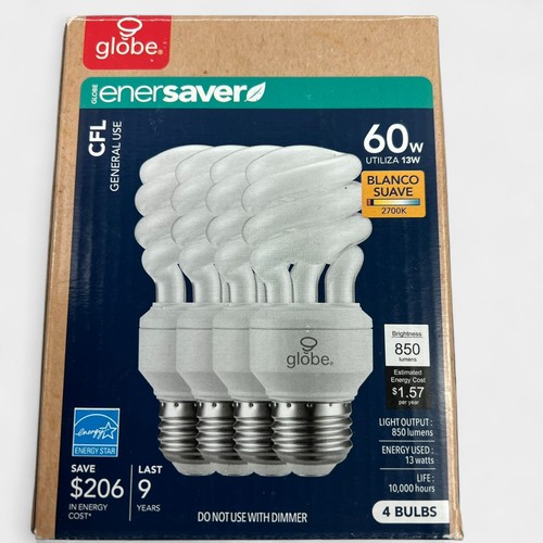 Globe EnerSaver 13W/60W CFL 2700k Bulbs Soft White (4 CFL Pack) 10,000 hrs - Picture 1 of 7