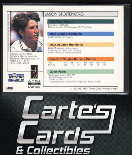 Jason Stoltenberg 1993 NetPro Tour Stars Tennis #M88 - Picture 2 of 2